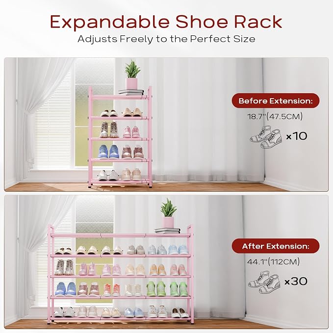 Bumusty 5-Tier Long Expandable Shoe Rack for Closet, 18"-44" Adjustable Shoe Rack for Entryway, 25-30 Pairs Large Shoe Organizer Shelf Storage, Sturdy Metal, Pink - Image 5