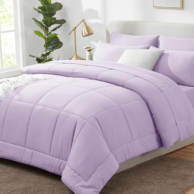 CozyLux Queen Comforter Set Lavender, 7 Pieces Bed in a Bag, Light Purple Comforters Queen Size, All Season Bedding Sets with Stitch Quilted Comforter, Flat Sheet, Fitted Sheet, Pillowcases