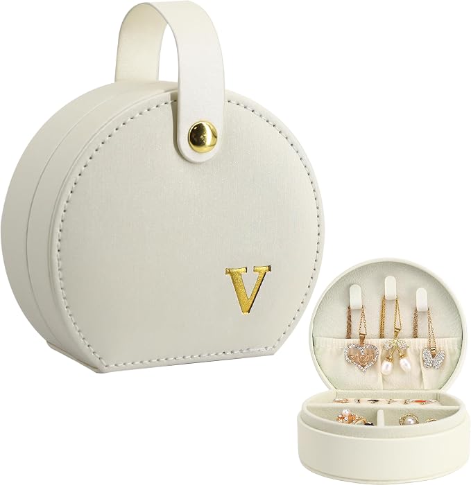 COLLECTIVE HOME - Travel Jewelry Case, Elegant Half-Moon Design with Gold Monogram, Detachable Handle, Personalized Accessory Organizer, Gift for Fashion-Forward Women and Teens (v) by COLLECTIVEHOME