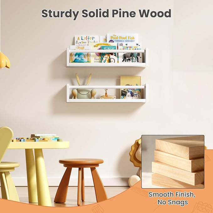upsimples 2 Pack Nursery Book Shelves, 15.7 Inch Floating Bookshelves for Wall, Baby Nursery Decor, Small Solid Wood Wall Mounted Shelves for Baby Kids Boys Girls, White - Image 6