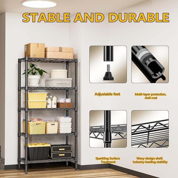 M MZG 1250 lbs 5 Tier Shelf Metal Storage Shelves Shelving Wire Rack Heavy Duty Closet Organizers for Garage Kitchen Bathroom Laundry Black 13.8" D x 29.5" W x 59.5" H - Image 7