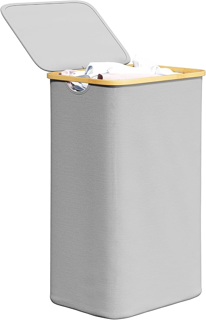 SpaceAid Laundry Hamper with Lid, 110L Large Tall Clothes Basket Bin with Bamboo Handles, Collapsible Laundry Hamper for Bedroom, Bathroom, Dorm, Laundry Room - Light Grey by SpaceAid