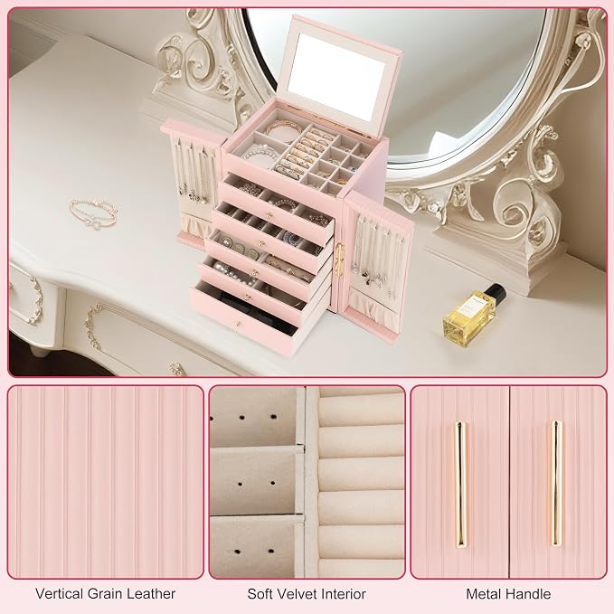 Dajasan Jewelry Box for Girls Women, 6-Tier Large Jewelry Organizer Box, Jewelry Storage Organizer, Jewelry Gift Box for Christmas, Valentine's Day, Birthday, Mother's Day (Pink) - Image 5