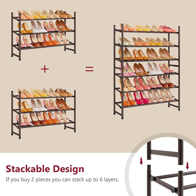 Tajsoon 3 Tier Expandable Shoe Rack for Closet, 28“-41“Adjustable & Stackable Shoe Shelf Storage, Metal Shoe Rack Organizer for Front Door Entrance, Closet, Garage, Entryway, Bronze - Image 6