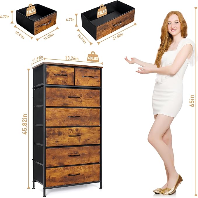 Mifuro Tall Dresser for Bedroom, Vertical Storage Organizer Tower with 7 Drawers, Chest of Drawers with Fabric Bins, Steel Frame, Wood Top for Bedroom, Closet, Entryway- Rustic Brown - Image 3