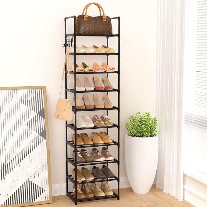 Narrow Shoe Rack 10 Tiers Tall Shoe Rack for Entryway Closet 20 24 Pairs Shoe & Boots Organizer Storage Shelf Durable Black Metal Stackable Shoe Cabinet with Hooks, 17.1D x 11.8W x 78.7H in - Image 8