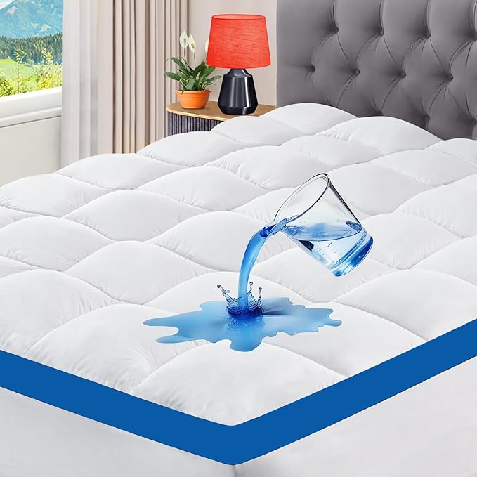 CYMULA Full XL Mattress Topper Waterproof, Thick Mattress Pad Cover, Cooling Pillow Top Mattress Topper with 8-21 Inch Elasticated Deep Pockets, Plush Down Alternative Fill Mattress Protector