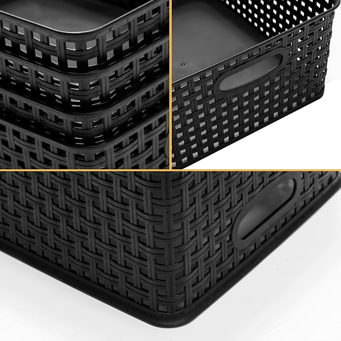 Eslite Plastic Storage Baskets for Organizing,11"X8.5"X4.7",Pack of 4 (Black) - Image 2