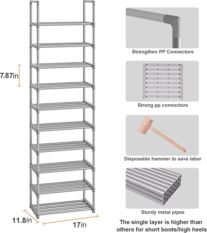 OYREL 10-Tier Metal Shoe Rack, Narrow Shoe Rack Organizer, Sturdy Shoe Shelf for Closets, Entryway, Bedroom, Garage - Silver - Image 3