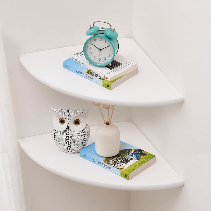 Corner Shelves, White Floating Corner Shelf, Set of 2 12inch Solid Oak Wood Wall Shelves, Round End Wall Mount with Wire Hole for Small Plant for Bedroom Kitchen, Living Room by Coamily