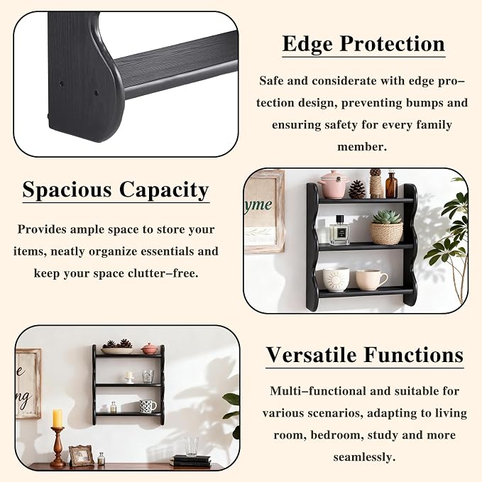 100% Solid Wood Floating Shelf, Vintage Wall Shelves Wall Mounted Storage Rack 3-Tier, Farmhouse Decor Hanging Shelf Display Shelves for Apartment, Living Room and Bedroom - Image 5