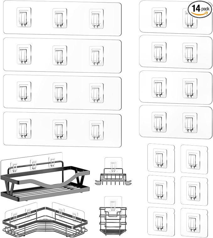 14 Pack Shower Caddy Replacement, Strong Adhesive Flat Hooks, Clear Waterproof Shower Shelf Strips for No Drilling Bathroom Storage Shelves, Soap Holder, and Kitchen Racks by HAOBAOBEI