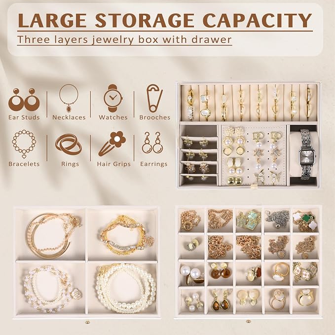 3 Layer Jewelry Boxes for Women with Mirror Large Jewelry Organizer Box with 2 Jewelry Organizer Drawer PU Lockable Elegant Unique Gifts for Women, White - Image 5