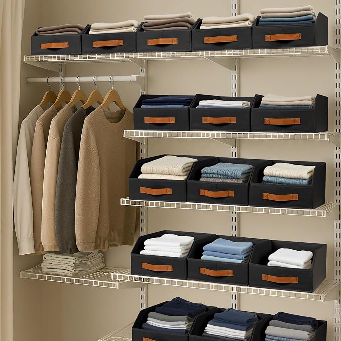 Homsorout Fabric Storage Bins for Organizing - 12 Pack Large Trapezoid Collapsible Storage Bins with Front Handle, Closet Organizers and Storage for Bedroom, Home Shelves, Small Spaces, Black - Image 6