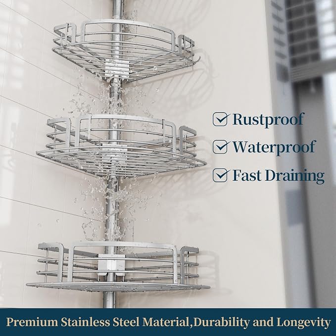 Consumest Corner Shower Caddy Tension Pole - Rustproof Shower Shelves with Towel Bar & Soap Holder, Adjustable Bath Organizer for Bathroom Storage, 27.6-108.3 inch, Silver - Image 6