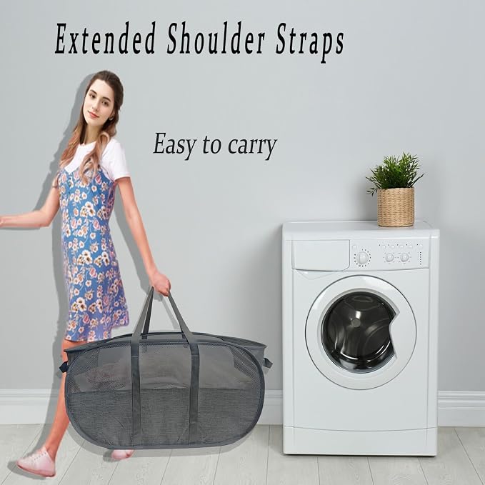 Extra Large Mesh Pop Up Laundry Hamper 2 Pack,100L Collapsible Laundry Baskets, Dirty Clothes Hamper with Reinforced Handles, Folding Hampers for Travel, Nursery, Dorm or Home. Black - Image 6