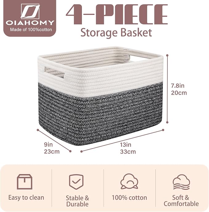 OIAHOMY 4 Pack Storage Baskets for Organizing, Basket for Shelves with Handle, Woven Baskets for Storage Toys, Towels, Books, Cotton Rope Basket 13" L x 9 " W x 7.8 " H, Black & White - Image 2