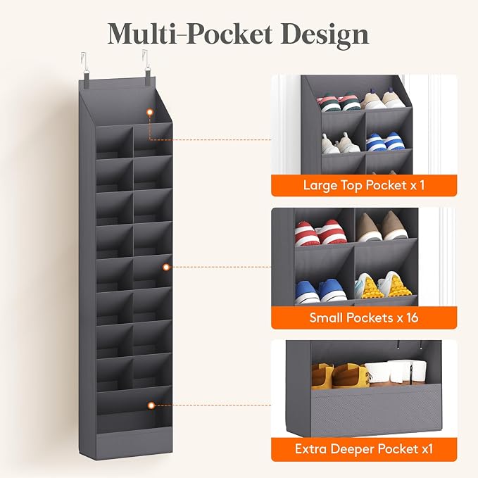 Lifewit 10 Tier Over the Door Shoe Organizer with 19 Large Deep Pockets, Fabric Hanging Shoes Shelf for Closet, Dorm Storage, Fit Up to 20 Pair Shoe Rack Holder for Sneakers, Boots, Gray - Image 6