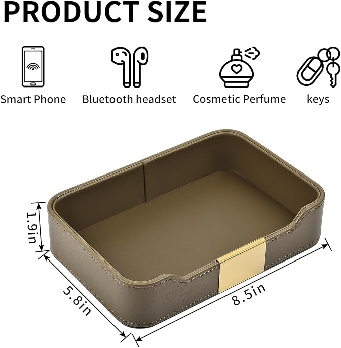 Luxury Leather Valet Tray Desktop Storage Organizer,Bedside Vanity Catchall Tray Nightstand Caddy Holder for Cosmetic,Jewelry,Watch,Keys,Phone,Wallet,Remote Controller,Pen,Olive Green - Image 4