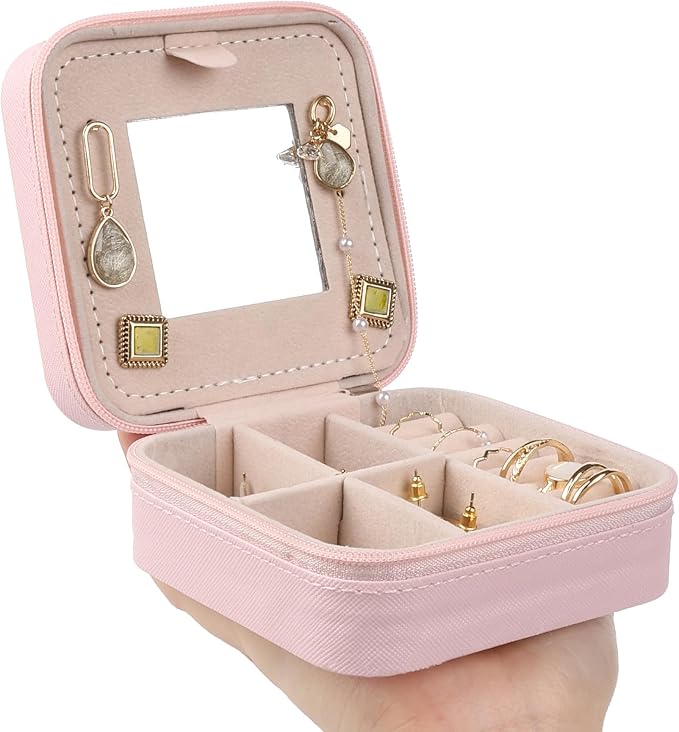 OceeK Travel Jewelry Case Box Organizer with Mirror,Travel Jewelry Box Holder Stocking Stuffers,Pink,1 Pack - Image 5