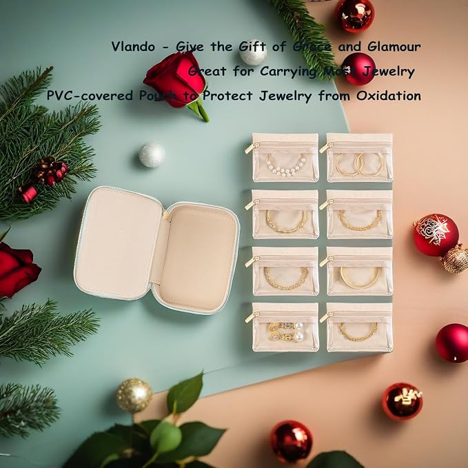 VLANDO Travel Jewelry Box Organizer – Portable PU Leather Jewelry Case with 6/8/12 Zippered Pouches, Compact Storage for Earrings Rings Necklaces Bracelets, Offwhite - Image 4