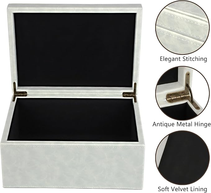 HofferRuffer Faux Leather Decorative Box, Large Wooden Structure Keepsake Box Accessory Organizer Jewelry Organizer with Hinged Lid, Storage Container for Home or Office (Cream White) - Image 3