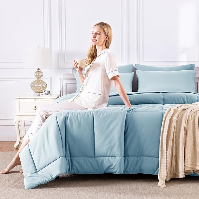 CozyLux Twin XL Comforter Set Light Blue, 5 Pieces Twin Extra Long Bed in a Bag for College Dorm, All Season Bedding Set with Stitch Quilted Comforter, Flat Sheet, Fitted Sheet, Pillowcases