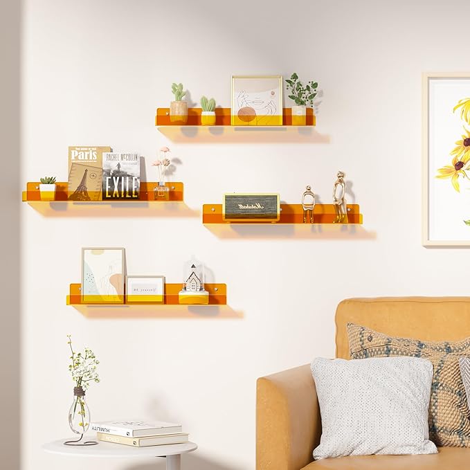upsimples Acrylic Shelves for Wall Decor, 15" Display Shelf Perfume Organizer for Bathroom, Bedroom, Living Room, Floating Bookshelves for Kids, Clear Orange, 4 Pack - Image 2