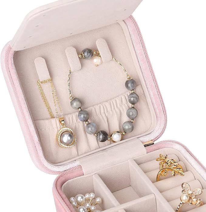 Vlando Small Travel Jewelry Box Organizer Display Case for Rings Earrings Necklaces Storage, Selected Soft Velvet, Letter J Engraved, Pink - Image 7