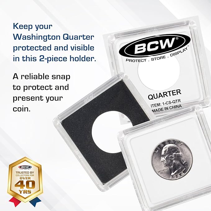 BCW 2x2 Snap Holder - 25 ct Quarter Case | Archival Safe Protector | Crystal Clear Polystyrene Display Box | Ideal for US Washington Quarters | Collectors Holder
