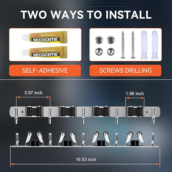 ZONGOOL 2 Pack Mop Broom Holder Wall Mount, 4 Racks and 5 Hooks Broom Organizer Storage Tool Racks Stainless Steel Non-slip Wall Hanger for Home Kitchen Garden Laundry Garage (Silver) - Image 6