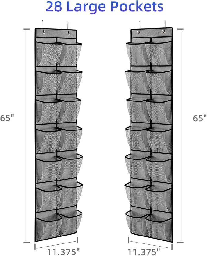 KEEPJOY Over the Door Shoe Organizer, Hanging Shoe Organizer with 4 Hooks,Door Shoe Holder with 14 Mesh Deep Pockets Closet Door Shoe Storage Bag (Grey-2Pack) - Image 2