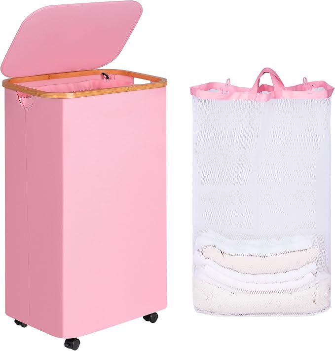 iEGrow Laundry Hamper, Narrow Laundry Basket with Lid,Foldable Clothes Hamper with Bamboo Handles,Hamper Basket with Removable Inner Bag for Laundry Room Bedroom College Dorm (Pink, 110L with Wheels) by iEGrow