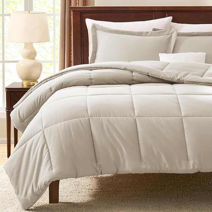 CozyLux King Size Comforter Set - Beige Comforter King Size, 3 Pieces Box Stitched Bed Set for All Seasons, Soft Lightweight Bedding Sets with 1 Down Alternative Comforter and 2 Pillow Shams