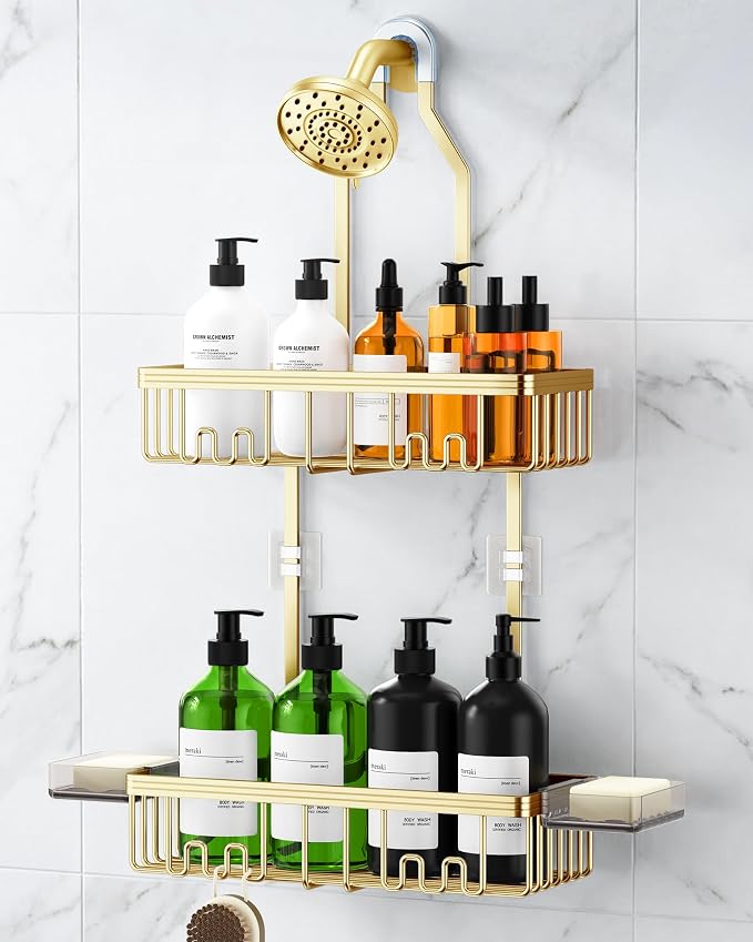 Shower Caddy Hanging, Shower Organizer Hanging, Aluminum Shower Racks for Inside Shower with Hooks for Razor, Never Rust Bathroom Organizers and Storage with Soap Holder, Gold by Unknown