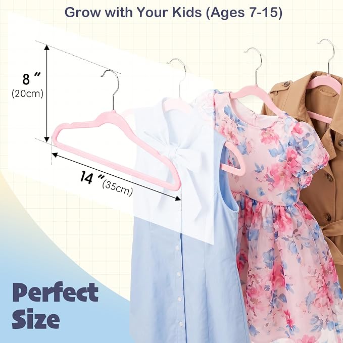 HOUSE DAY 14 Inch Kids Velvet Hangers 50 Pack, Durable Big Kids Hangers, Non Slip Kid Felt Hanger for Youth, Cute Childrens Hanger for Closet, Pink - Image 3