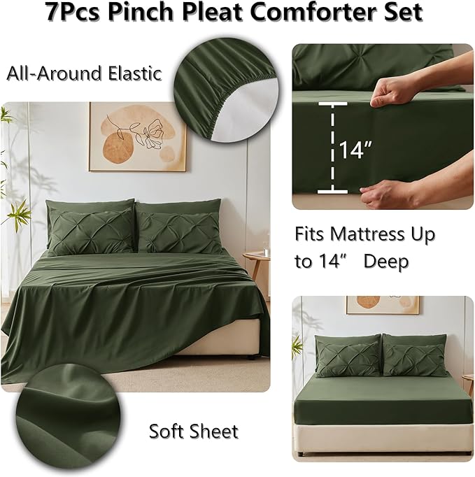 CozyLux King Size Comforter Set Olive Green, 7 Pieces Pintuck Bed in A Bag Green Comforter King Size, Pinch Pleat Bedding Set with All Season Comforter, Sheets, Pillowcases & Shams