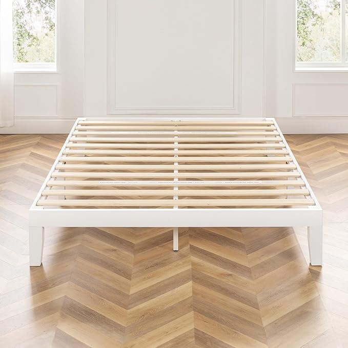 Mellow Naturalista Classic 12 Inch Solid Wood Platform Bed with Wooden Slats, Full, White