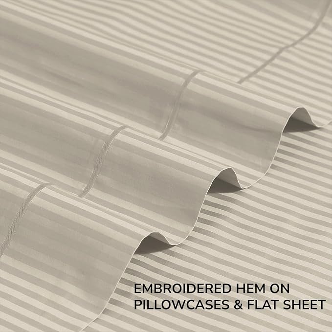 Feather & Stitch 500 TC Queen Size Damask Bed Sheet Set, 100% Cotton Soft Breathable Bedsheets, 4 Piece 18" Deep Pockets Sateen Weave Striped Bedding Mattress Resort Hotel Luxury- (Beige Stripe)