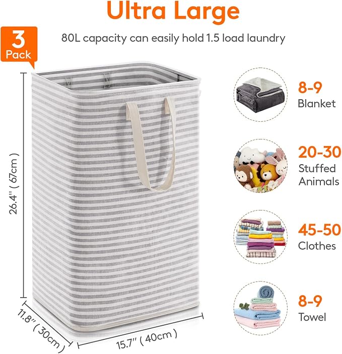 Lifewit 3 Pack Laundry Basket 80L Each, Collapsible Clothes Hamper with Reinforced Handles, Freestanding Waterproof Design for Bedroom and Laundry Room, Grey 240L Total - Image 4