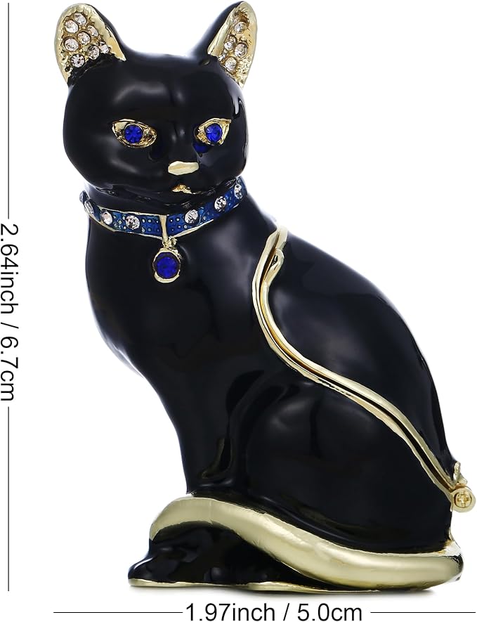 Hand Painted Animal Trinket Box for Home Decor, Hinged Jewelry Organizer Storage, Unique Personalized Collectible Keepsake Figurine Handmade Decorative Ornament Gifts (Black Cat) - Image 2