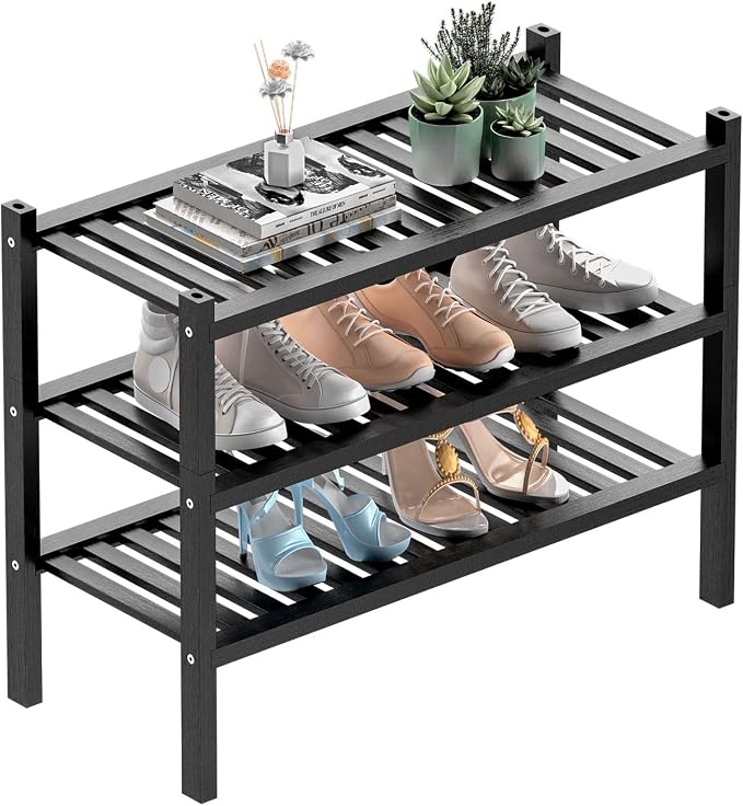 ROMGUAR CRAFT 3 Tier (Thick) Bamboo Shoe Rack for Entryway, Small Wood Shoe Shelf Storage Organizer for Closet, Shoe Stand for Hallway, Stackable and Sturdy 27"x12"x21" Black by ROMGUAR+CRAFT