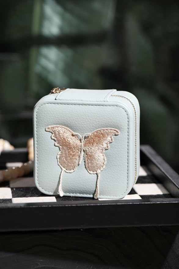 S.Leaf Travel Jewelry Organizer Boxes for Women Small Portable Necklace Earrings Bracelet Rings Travel Case Best Friend Birthday Gifts for Women Trendy (Butterfly_Hazeblue_Gold) - Image 2