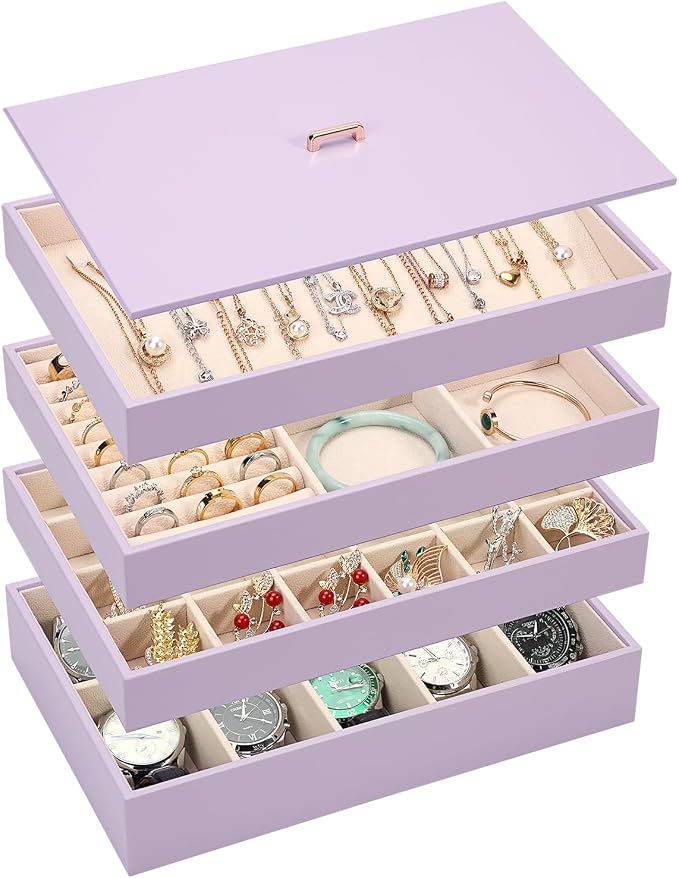 Voova Stackable Jewelry Organizer Tray with Lid, PU Leather Jewelry Storage Holder for Drawer Inserts, Jewellery Display Box Case for Earring Necklace Ring Watch Bracelet (Set of 4, Lavender) by Voova