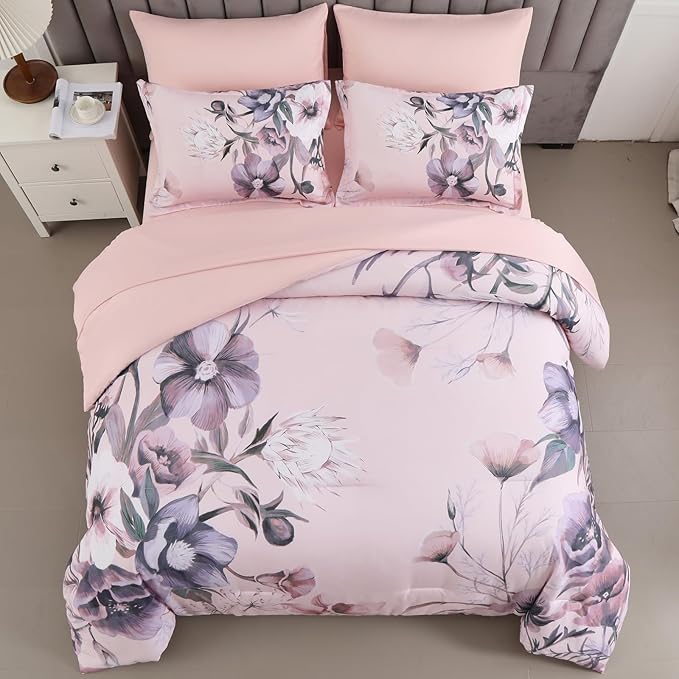 Luxudecor Floral Comforter Set King Size 7 Piece, Blush Pink Flower Bed in a Bag, Elegant Comforter Bedding Set for All Season (Blush Pink, 104"x90")