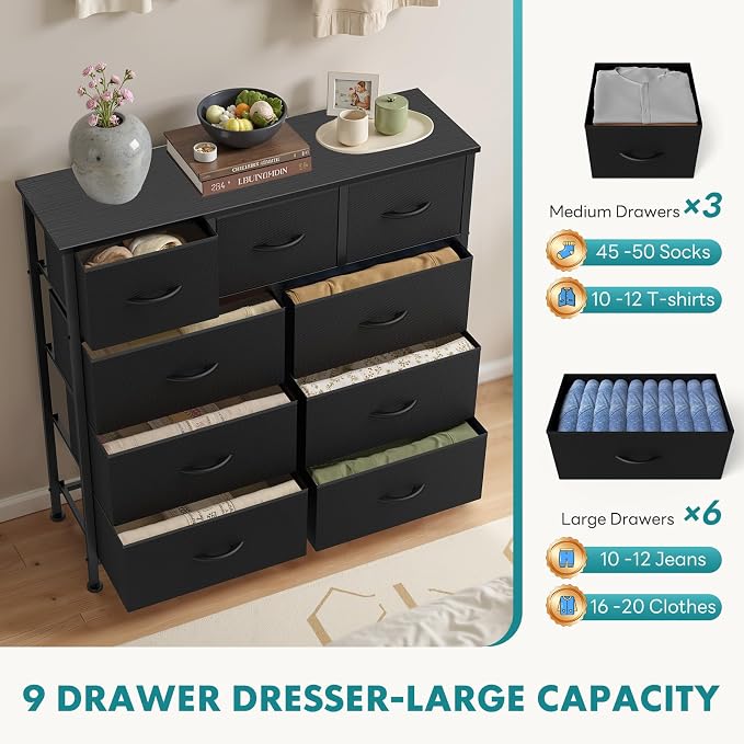 OLIXIS 9 Drawer Storage Dresser with Wood Top - Wide Fabric Chest Organizer for Bedroom, Closet, Living Room,Tower Cabinet, TV Stand, Hallway Entryway Furniture,Carbon Black - Image 4