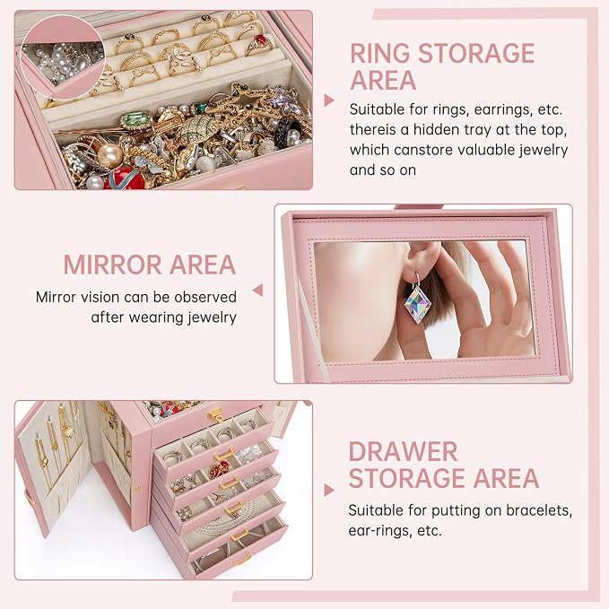 AKOZLIN 6-Tier Jewelry Box Organizer Functional 5 Drawers Leather Jewelry Storage Case for Women Girls Ring Necklace Earring Bracelet Holder Organizer with Mirror Pink - Image 2