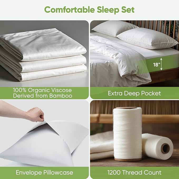 TWK Luxury Sheet Set, Genuine 100% Organic Viscose Derived from Bamboo, Cooling & Breathable, Silky Soft, Bedding Sheets & Pillowcases (White, Queen)