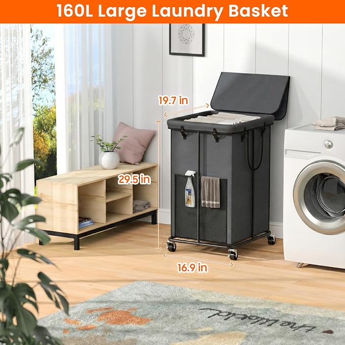 160L Laundry Hamper with Lid, Rolling Laundry Basket with Wheels, Large & Tall Dirty Clothes Hamper with Metal Frame and Removable Bag for Bedroom Aesthetic, Laundry Room, Bathroom, Dorm-Dark Gray - Image 2