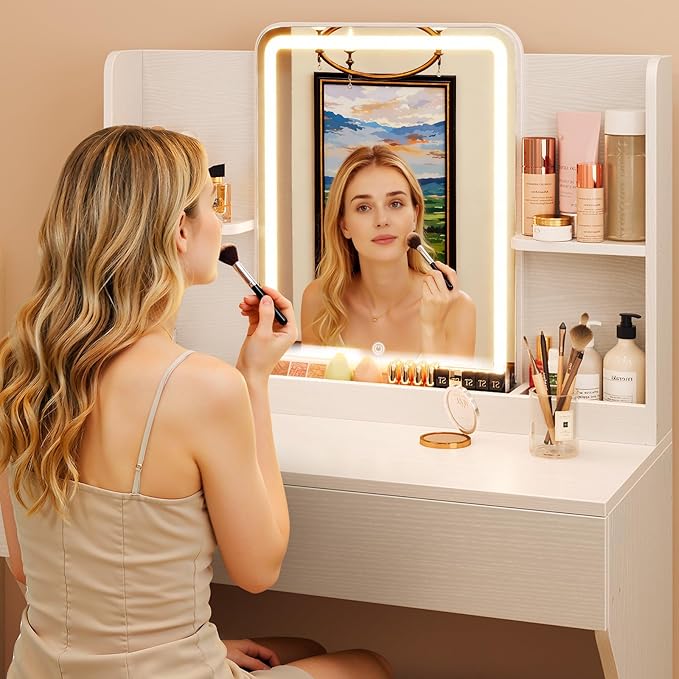 Small Vanity Desk with Mirror and Lights, Makeup Vanity with Storage Drawer, 2 Shelves and 3 Compartments - White